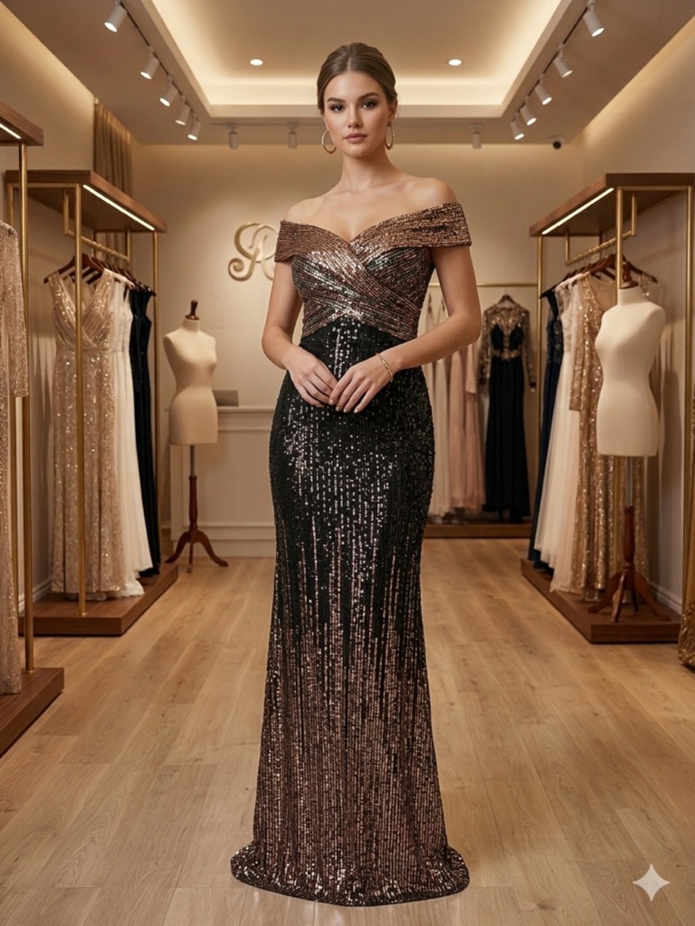 Universal Off-Shoulder Sequin Gown in Rose Gold and Black